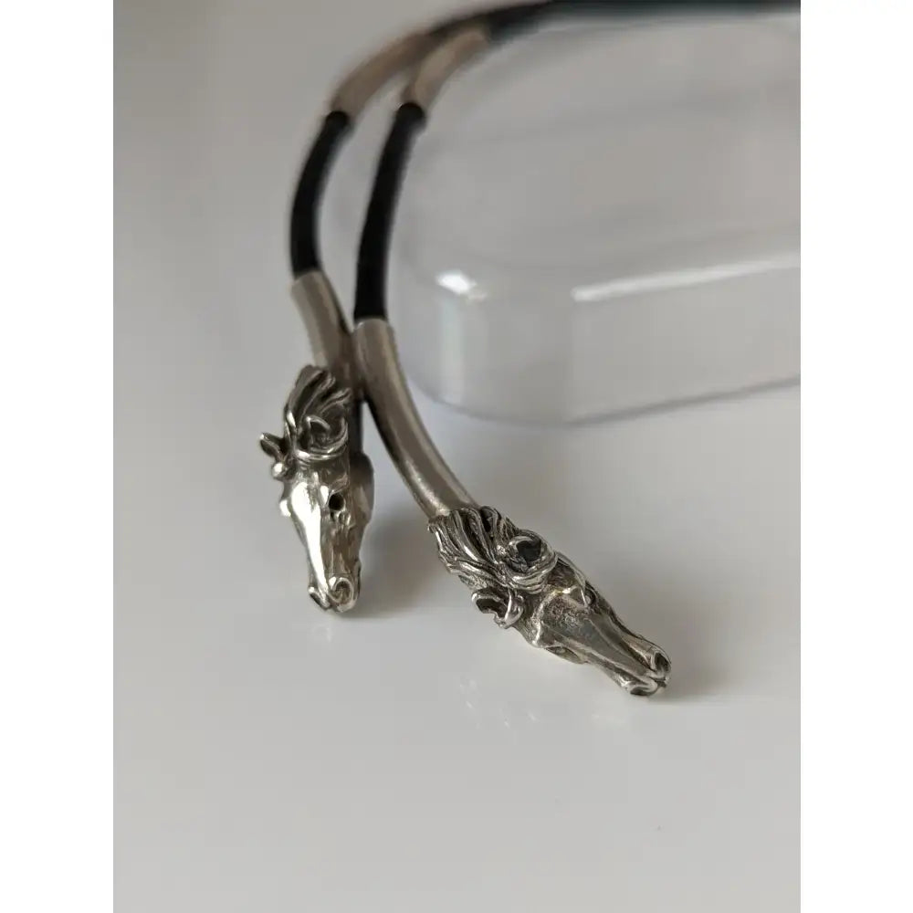 Silver steed two horse heads leather cord necklace with silver horse head pendant on black cord