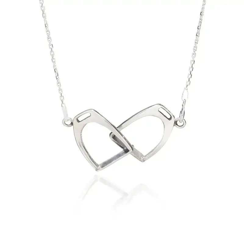 Silver steed two stirrups necklace with silver horsebit and interlocking design in silver stirrups necklace style