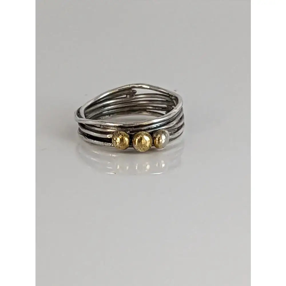 Silver steed silver wired band ring with gold-toned brass balls and three textured spherical accents