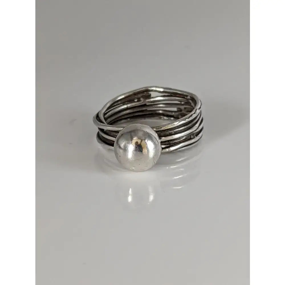 Silver steed hand-made silver ring with a wired band and large polished silver ball centerpiece