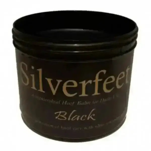 Black cylindrical silverfeet hoof balm container with silverfeet branding and matte finish for equine hoof microbes care