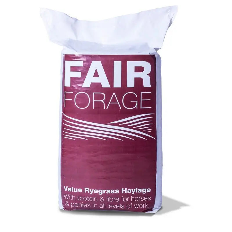 A maroon and white bag of silvermoor fair forage 20 kg ryegrass haylage with a bold label and stylized waves