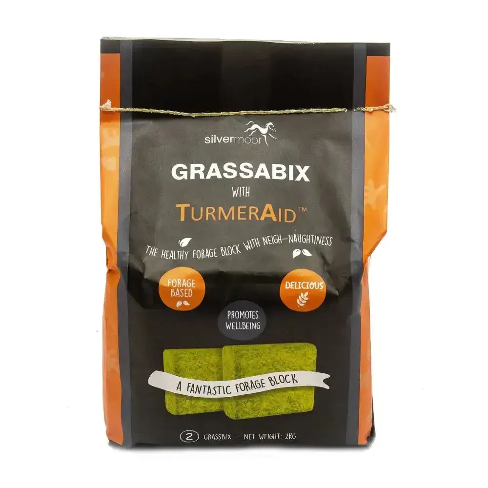 Silvermoor grassabix equestrian forage block with turmeraid in black and orange packaging for horse wellbeing