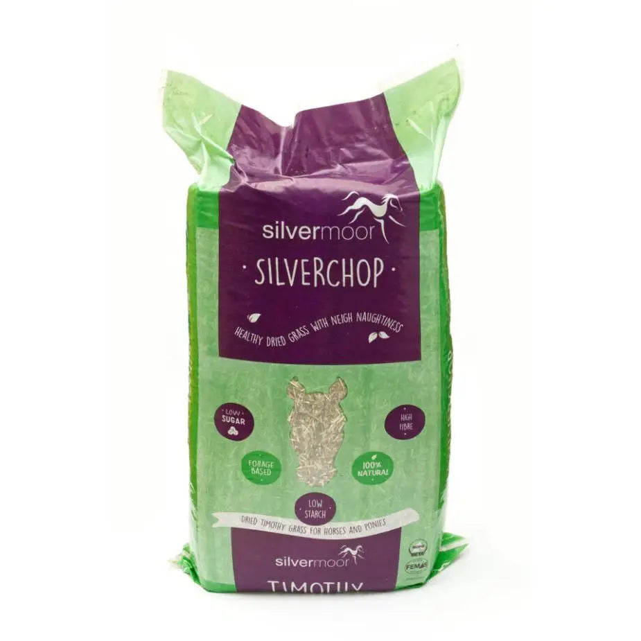 Green and purple bag of silvermoor silver chop timothy hay naturally low sugar grass feed for horses 12.5kg