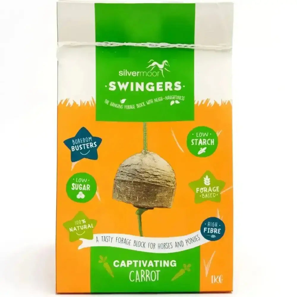 Silvermoor swingers horse 1kg carrot hanging forage block made from natural low-starch boredom busting treats