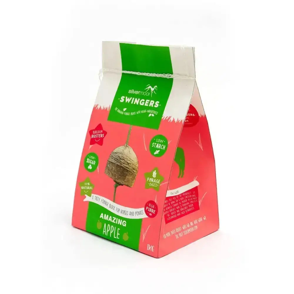 A vibrant red and green package of silvermoor swingers horse treats featuring a boredom busting apple shaped forage block