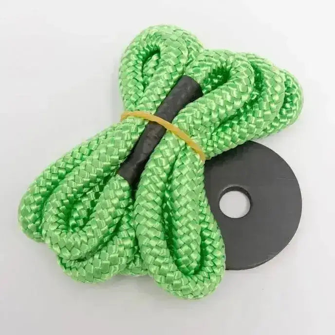 Bright green silvermoor swingers rope kit with black handle and matching circular disc for swinger horse treats