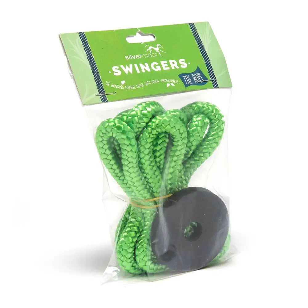Bright green braided rope with black weight packaged by silvermoon in the silvermoor swingers rope kit for horses