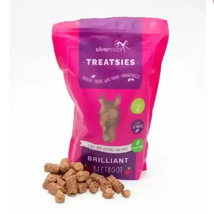 A vibrant pink and purple resealable bag of silvermoor treatsies brilliant beetroot low starch treats for blood flow and muscle efficiency