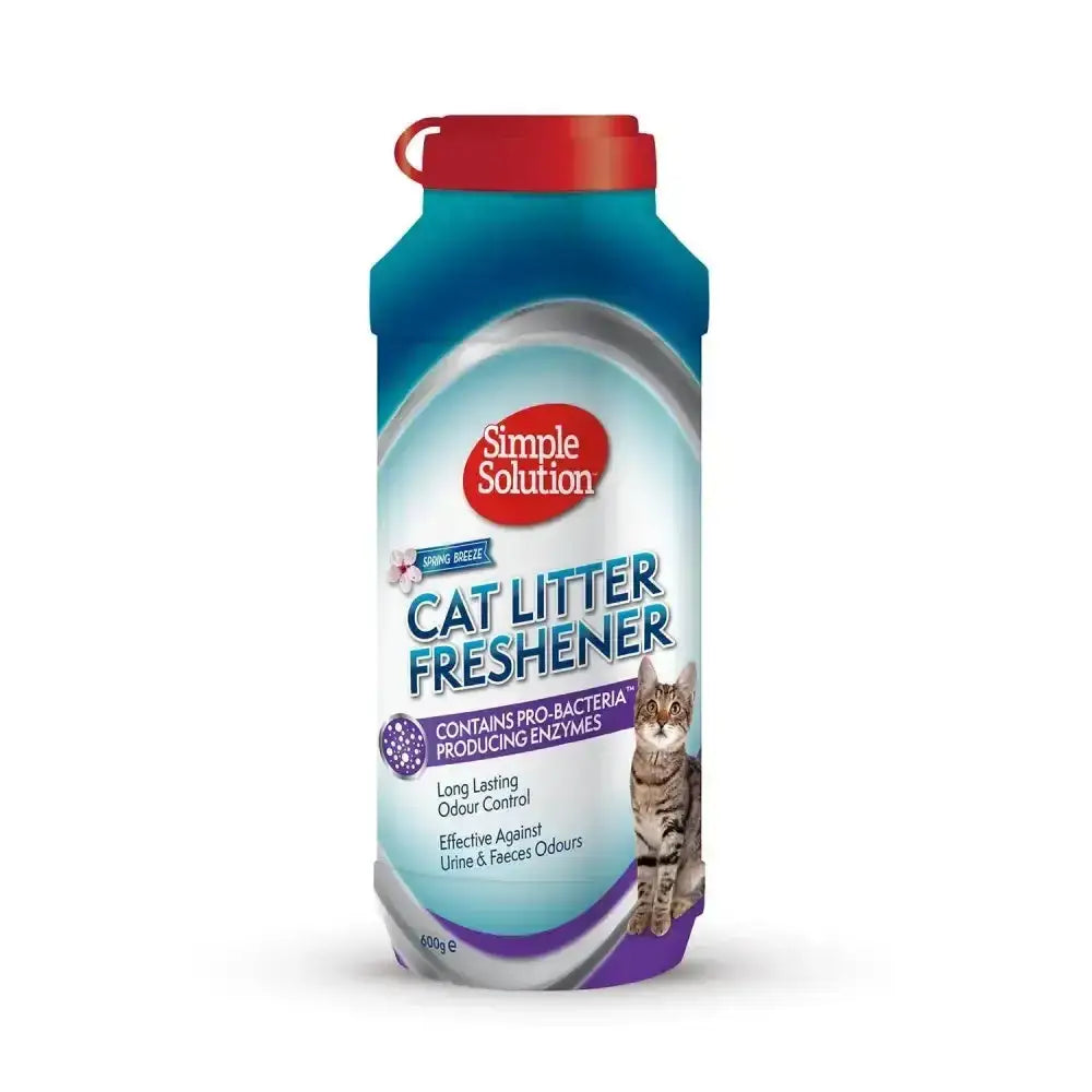 Simple solution cat litter freshener powder in a blue and purple container with red cap for odor control