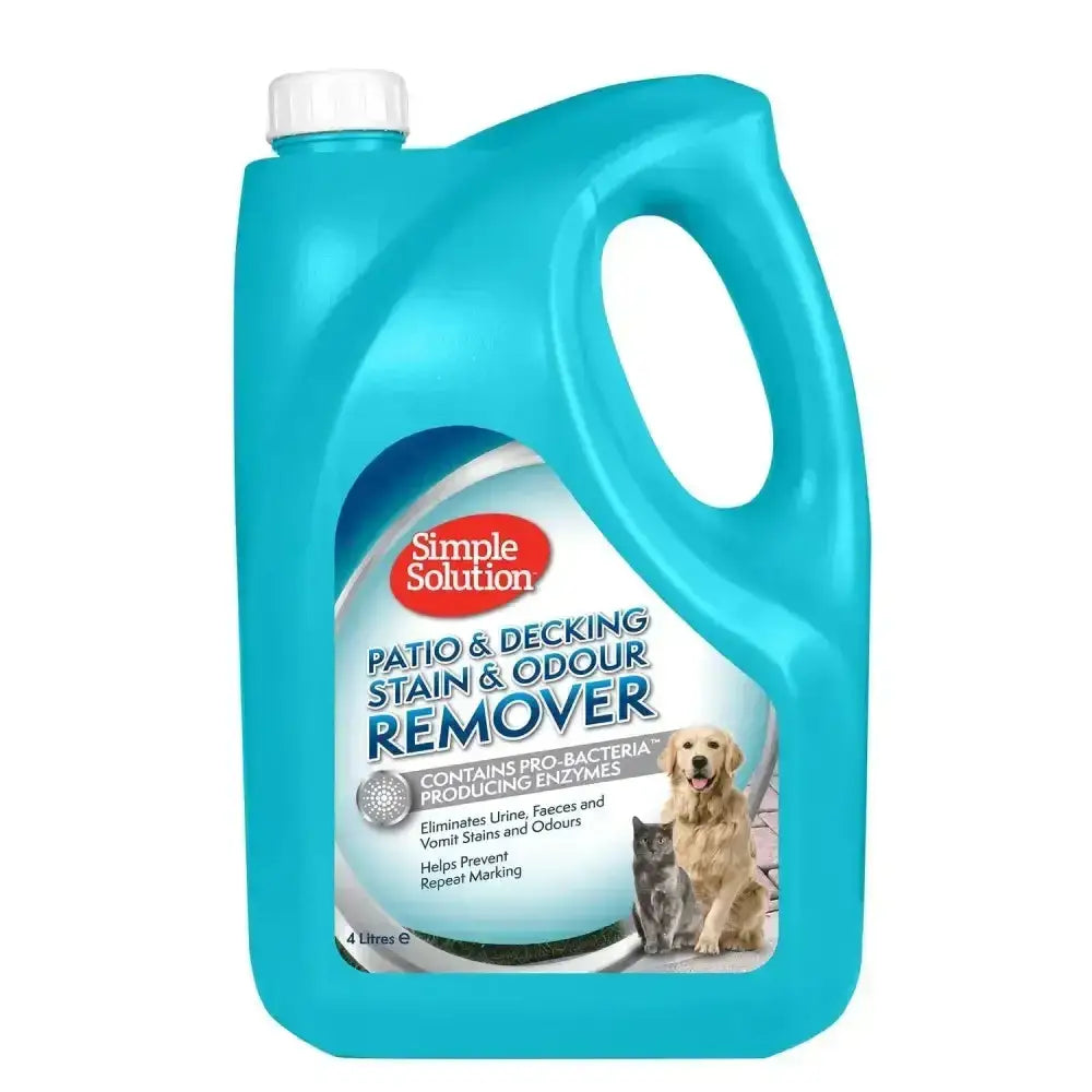 A bright turquoise simple solution patio plastic jug with a white cap and handle for decking stain and odour remover specially formulated