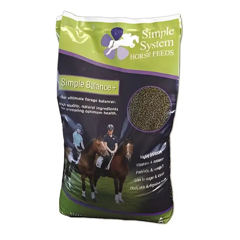 Simple system horse feeds simple balance plus in green and purple bag with riders showing seasonal variations and specs ranges