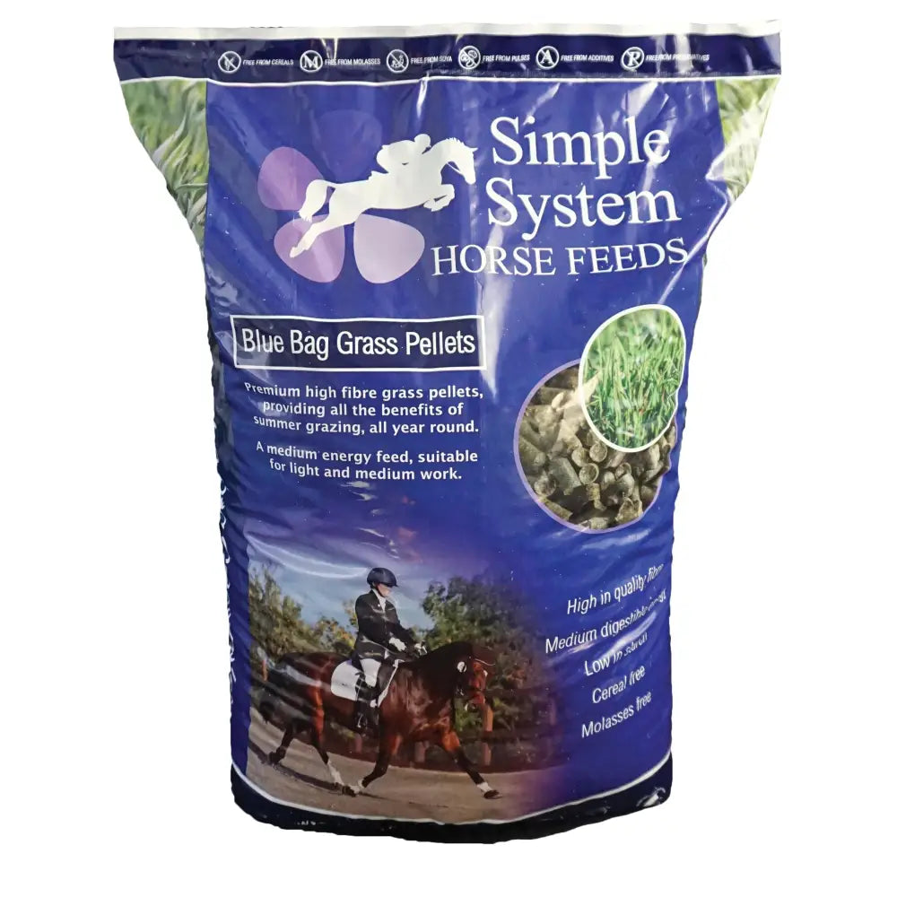 Simple system horse feeds blue bag grass pellets with purple and blue design and rider on brown horse image
