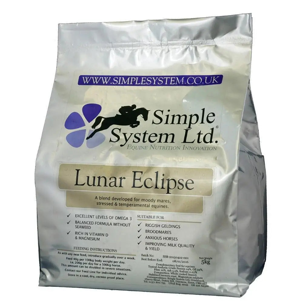 A silver glossy plastic bag of simple system ltd lunar eclipse horse feed for equestrian horses
