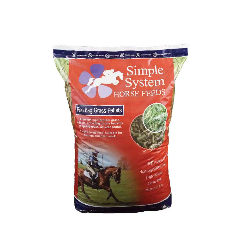 Simple system horse feeds red bag grass pellet with vibrant orange and blue label and jockey on horse illustration