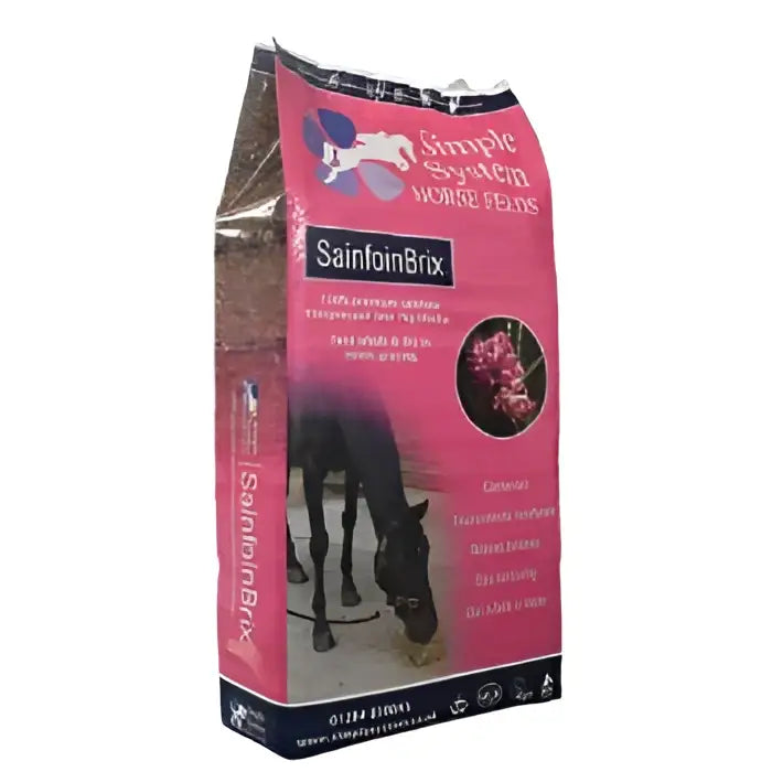 Pink bag of simple system horse feeds sainfoin brix with black horse image and purple logo for feeding horses
