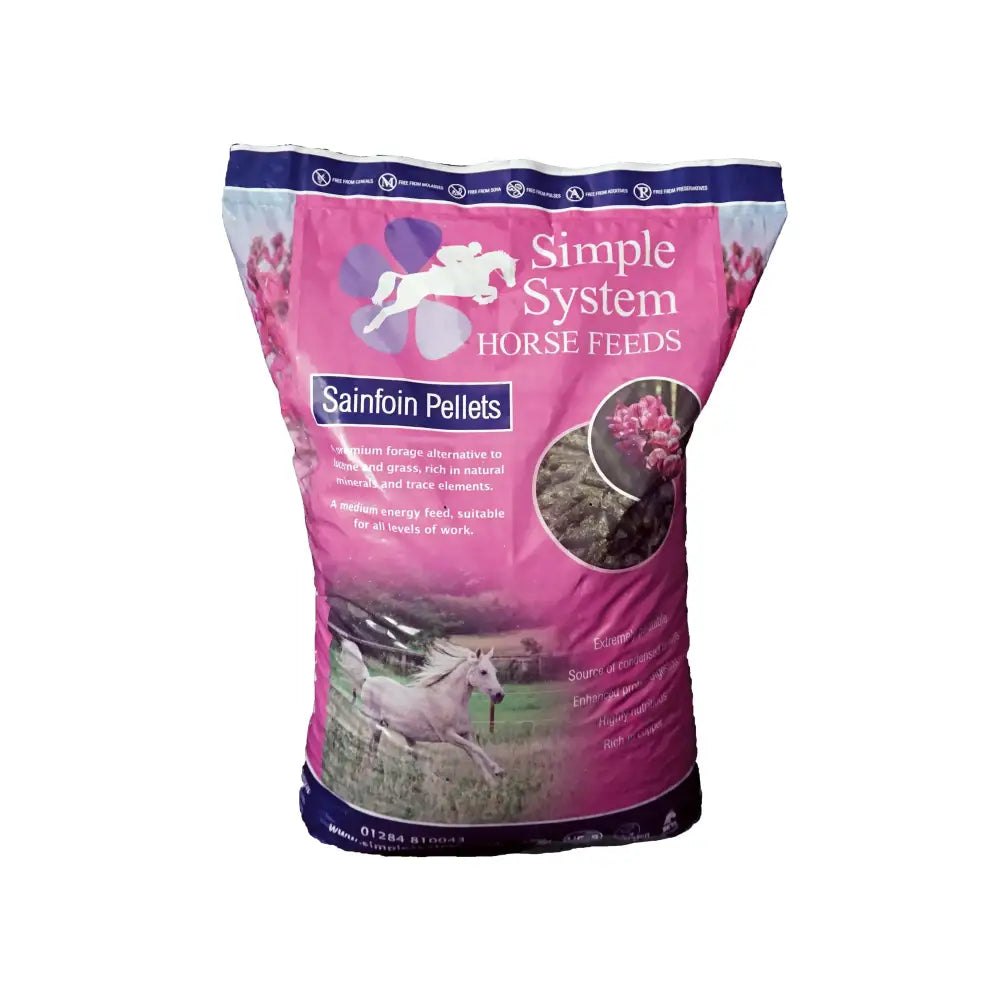 Pink and purple bag of simple system horse feeds sainfoin pellets with white horse silhouette and floral design