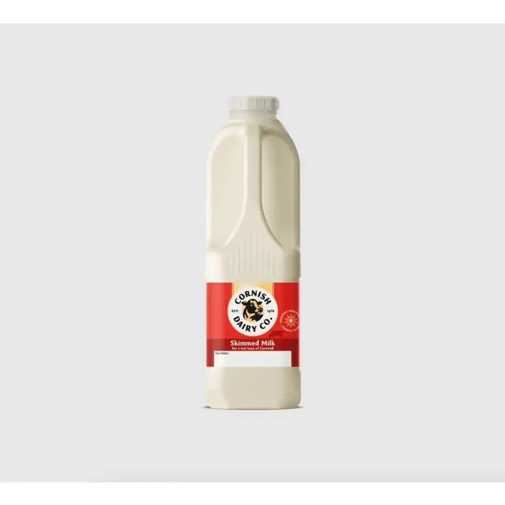 A white plastic bottle of skimmed milk cornish dairy co featuring original bottlecan 275ml for jimmys iced coffee