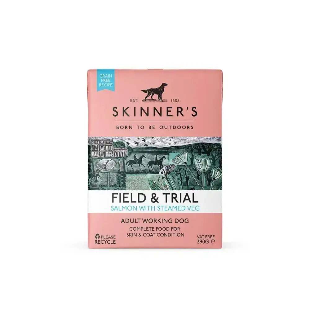 Pink rectangular carton of skinners field and trail adult dog food with salmon and steamed veg wet in outdoor dog design