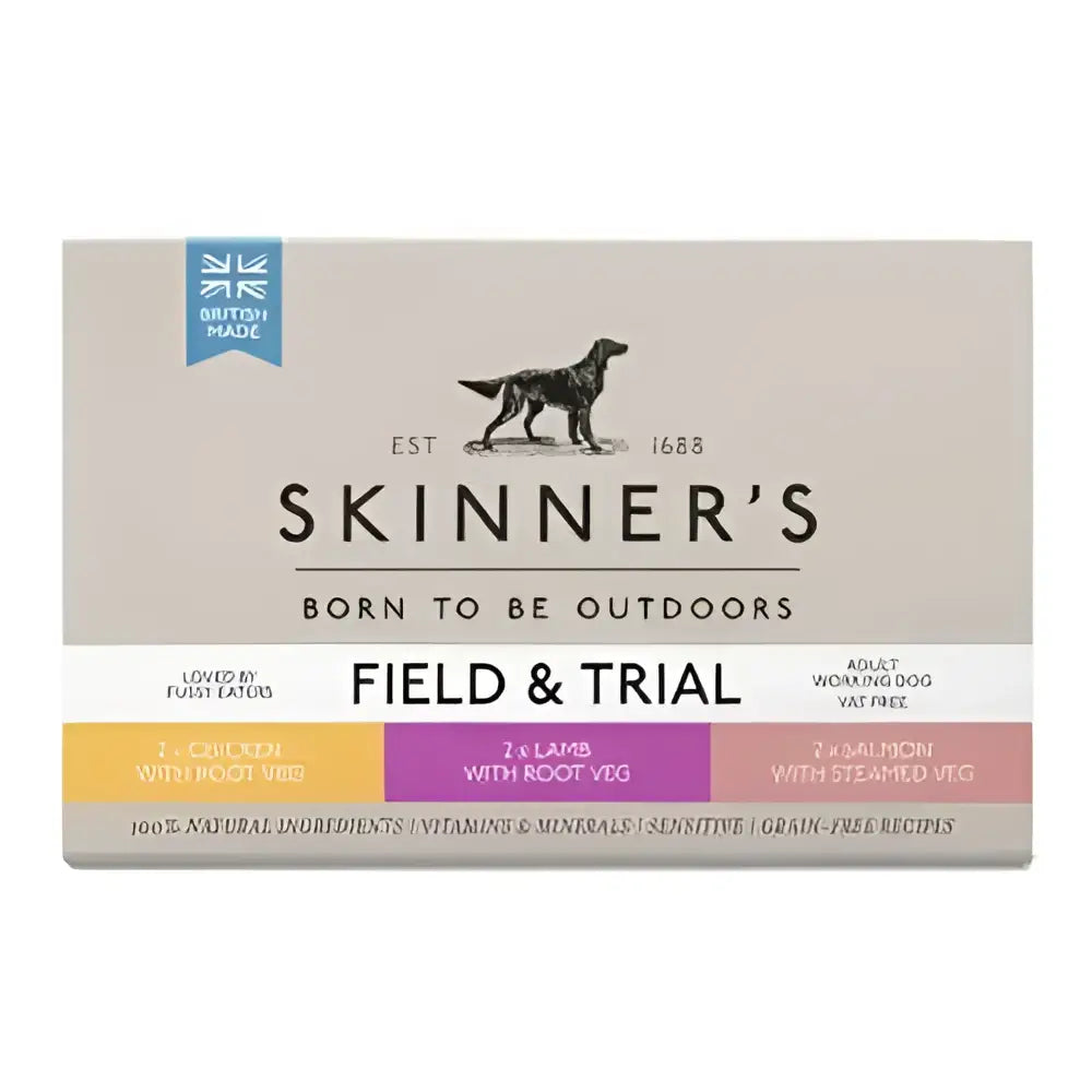 Skinner’s field & trial adult wet dog food 390g pack with chicken lamb and salmon flavors plus root vegetables