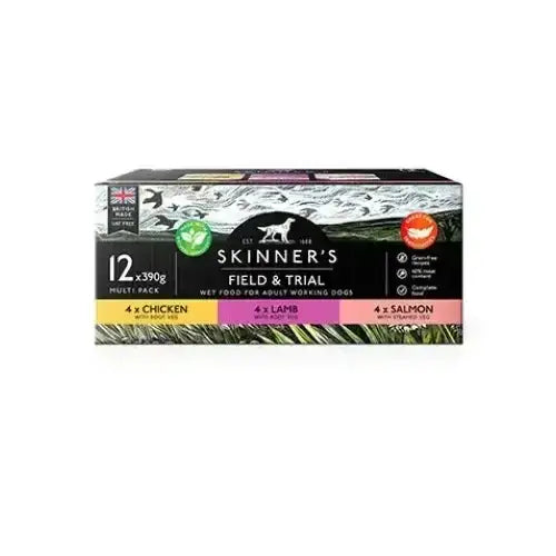 Skinner’s field trial adult wet dog food variety 12 pack with chicken lamb and salmon in eco cardboard box