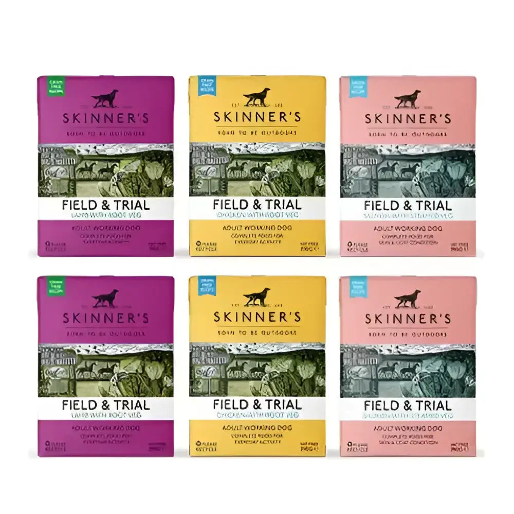 Skinner’s field & trial adult variety wet dog food pouches in purple yellow and pink with illustrated designs 390g x 6 pack