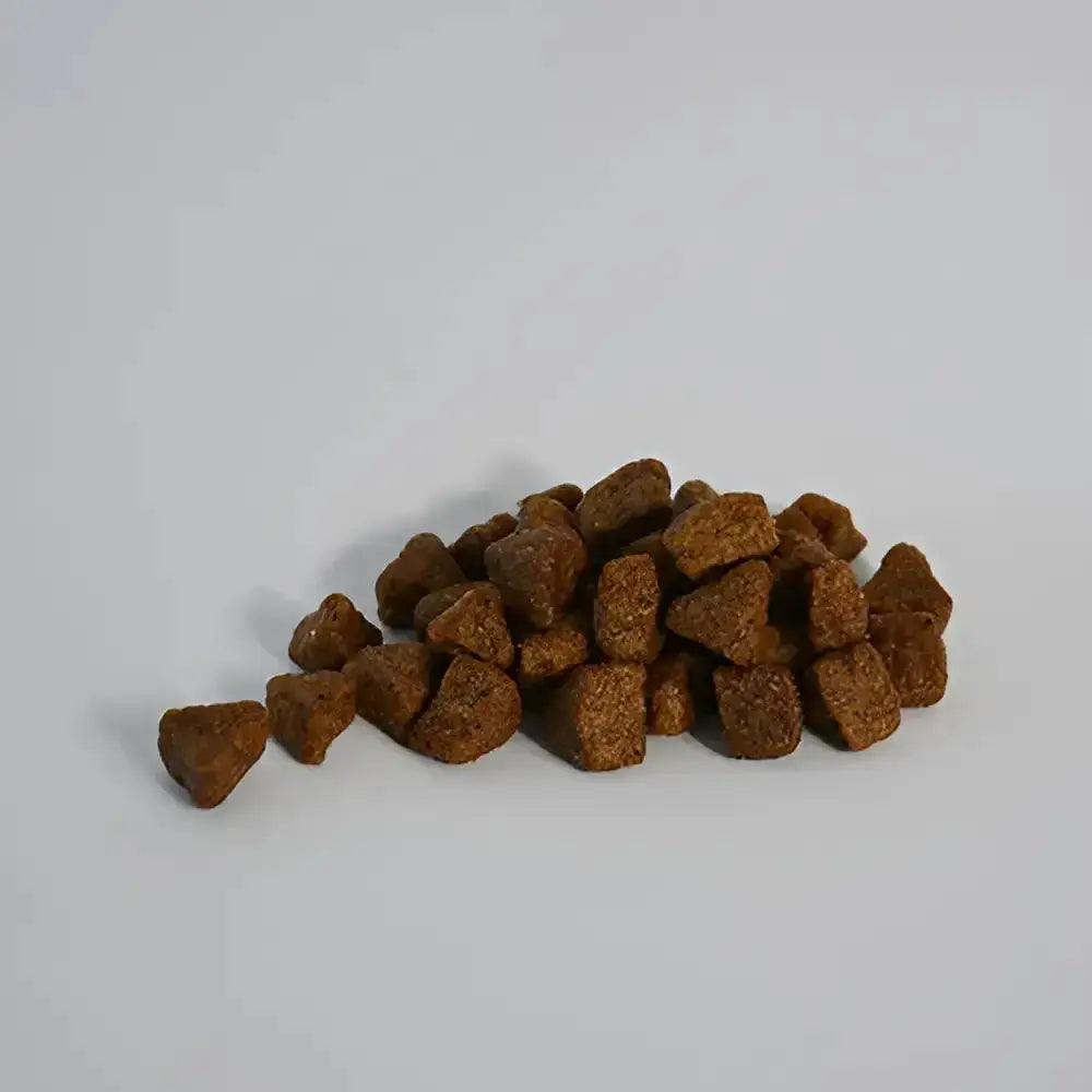 Brown irregular kibble pieces from skinners field field and trial puppy duck and rice dog food