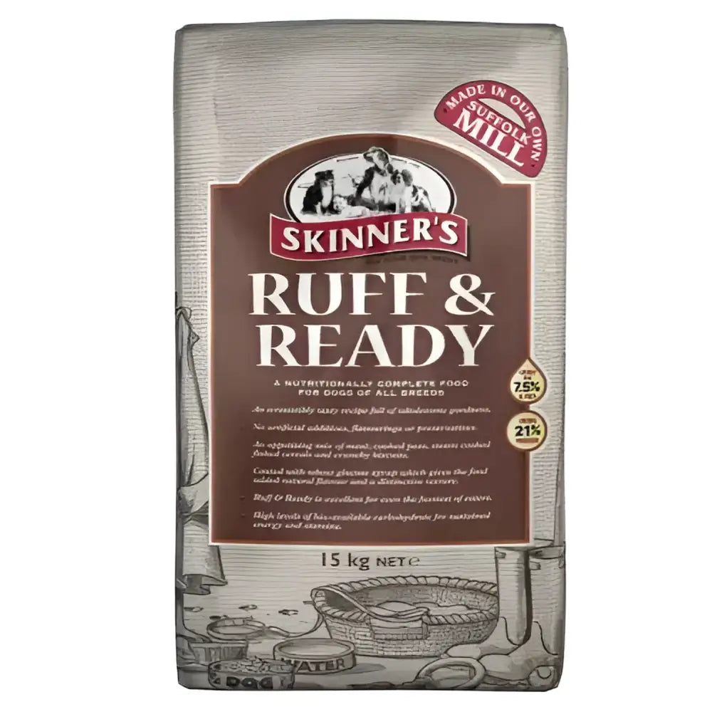 Brown and silver skinner’s ruff ready dog food bag with vintage dog kitchen illustration and protein-rich meats varied recipe diet