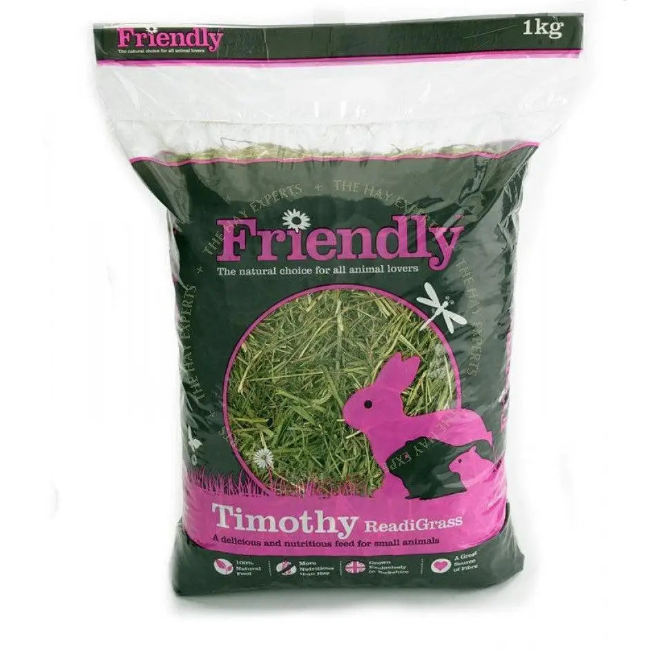A 1kg bag of friendly timothy readigrass4x1kg with pink and green design featuring a rabbit for souroyal canine