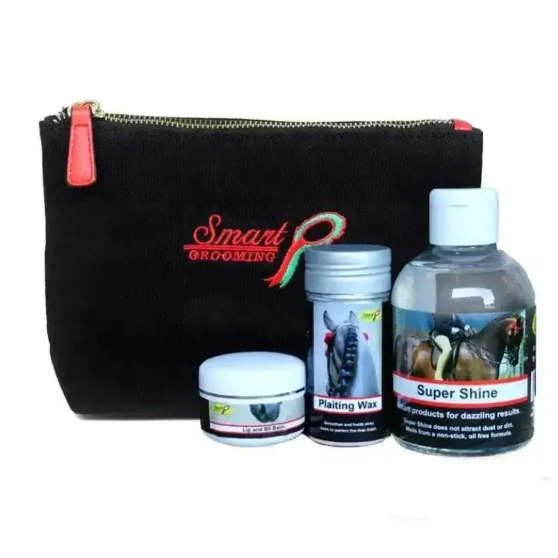 Black smart grooming zippered pouch with red leather pull tab and embroidered logo from grooming accessories special set