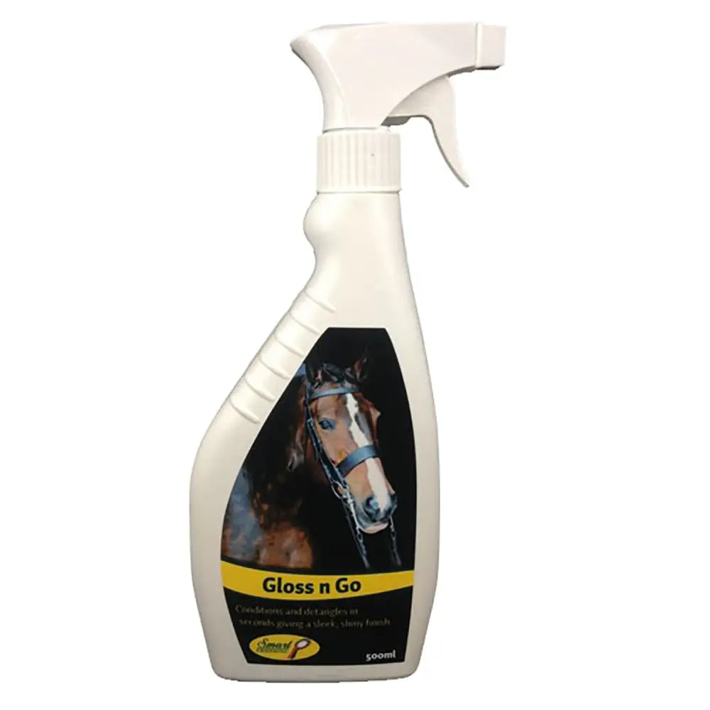 Smart grooming gloss n go white plastic spray bottle with yellow label for superb quality mane and tail finishing gloss