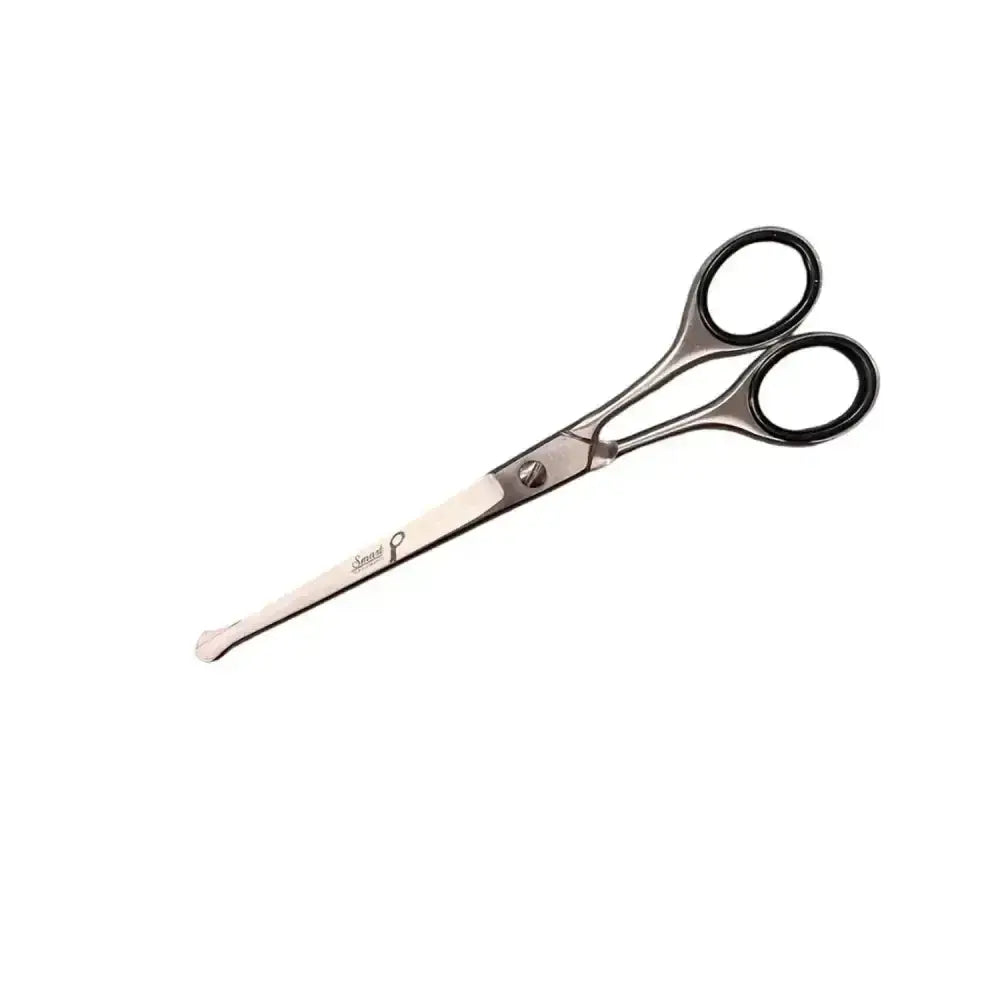 Silver-toned smart grooming scissors straight safety with black-rimmed oval handles and slightly curved blade