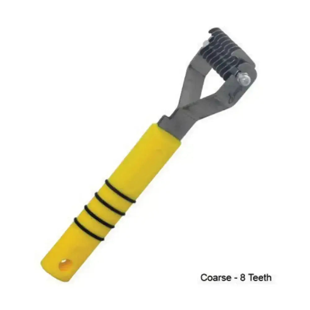 Smart tails yellow tail thinning rakes with yellow handle and gray metal rake head with eight coarse teeth for grooming
