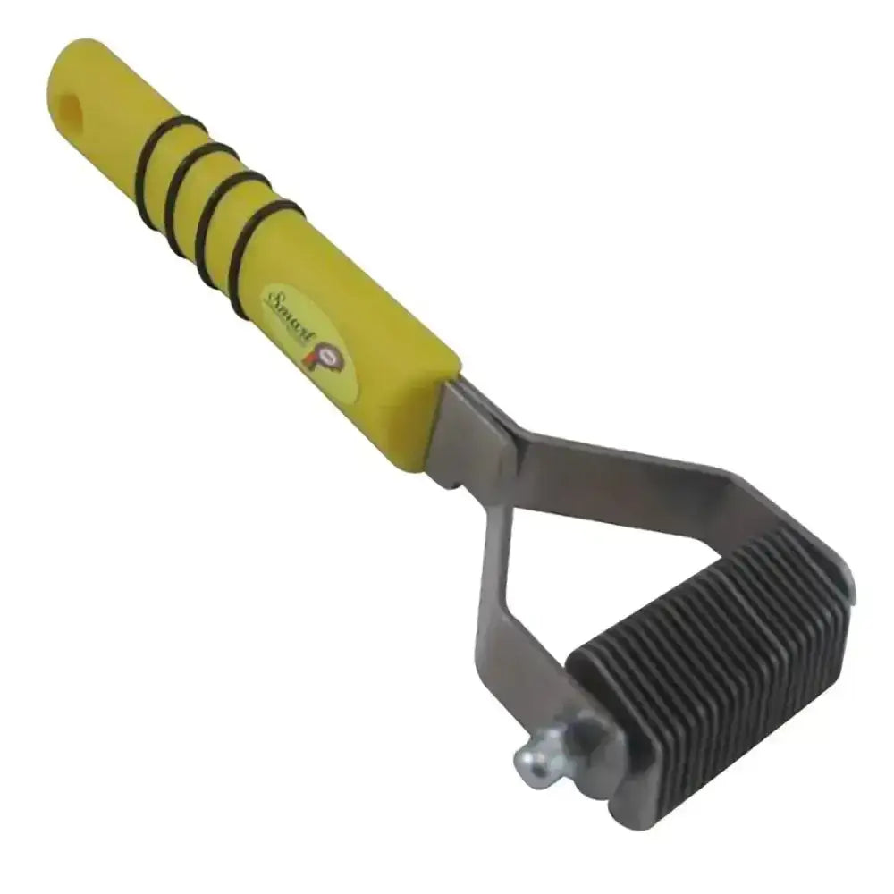 Smart tails yellow pet grooming rake with a yellow handle and metallic head featuring black ridged bristles for humane thinning