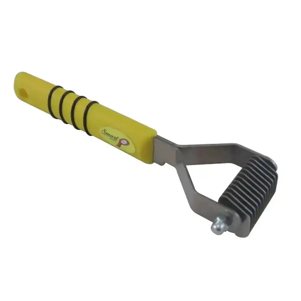 Smart tails yellow pet grooming rake with yellow handle and metallic ribbed roller head for humane mane thinning
