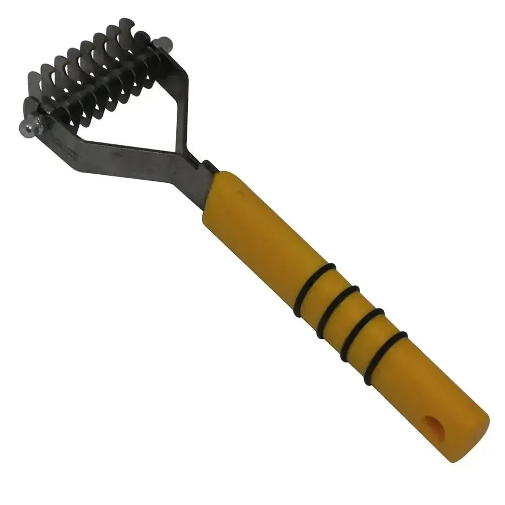 Smart tails yellow grooming rake with yellow handle and black metal curved teeth for humane mane and tail thinning