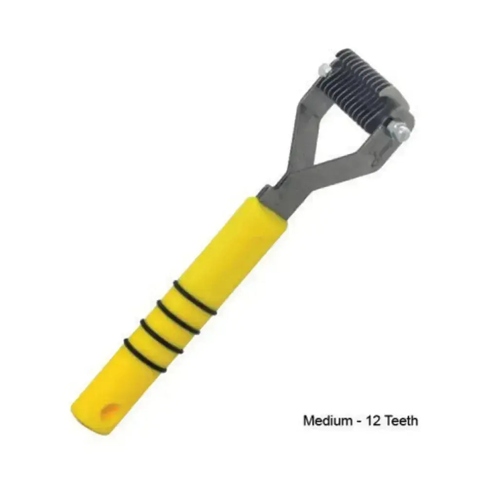 Smart tails yellow pet grooming rake with 12 dark metal teeth and yellow handle for tail thinning rakes use