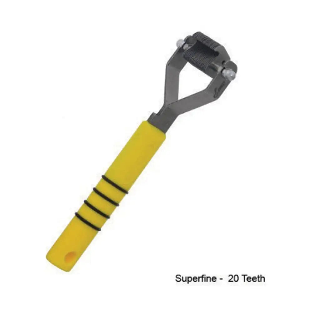 Smart tails yellow tail thinning rake with yellow handle and gray metal head featuring 20 teeth for thinning mane