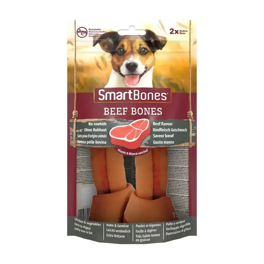 Smartbones beef bones healthy alternative chew with outer layer made of tasty vegetables in maroon and brown package