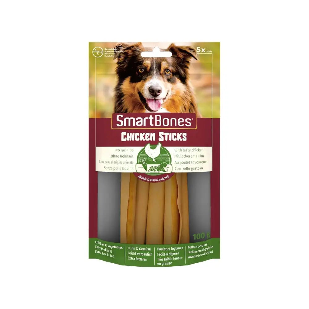 Smartbones chicken sticks rawhide-free dog chew with natural chicken breast treats and visible bones in clear pack window