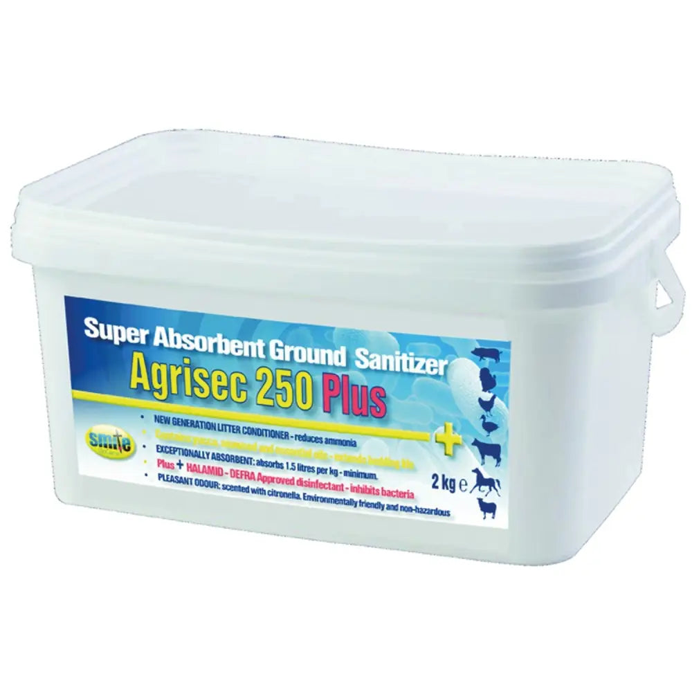 White plastic container of smite biocare agrisec 250 plus absorbent ground sanitiser defra approved product