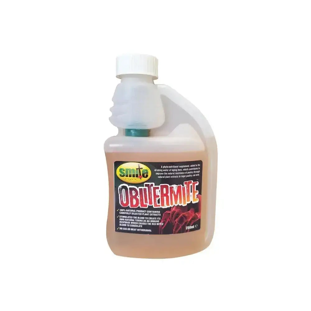 A 250ml translucent plastic bottle of smite organic oblitermite pale pink phyto-nutritional supplement with red rose label