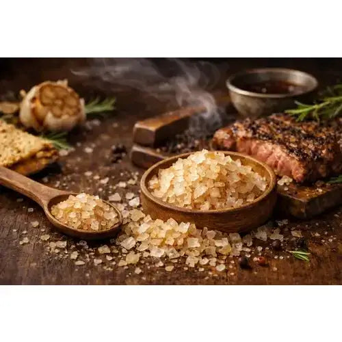 A rustic wooden bowl filled with coarse golden-hued premium sea salt from smokey sams smoked salt collection