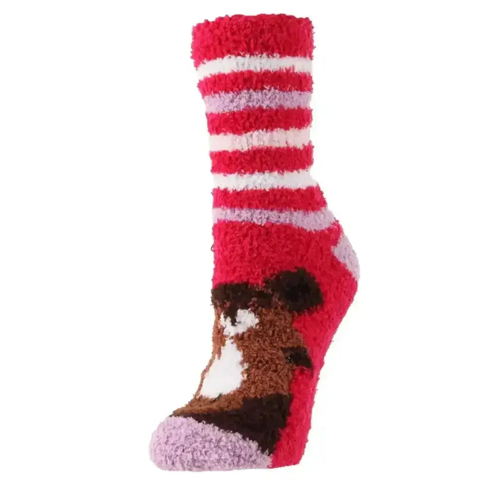 Red white and lavender striped fuzzy sock with brown and white dog design by sockshop wild feet cosy socks horse