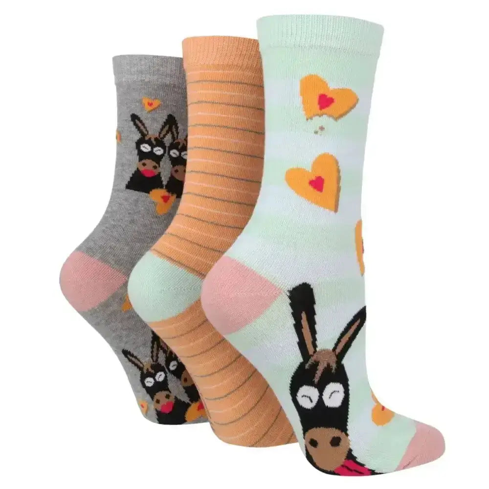 A pack donkey set of three wild feet cotton crew socks in gray orange and mint green with playful donkey designs