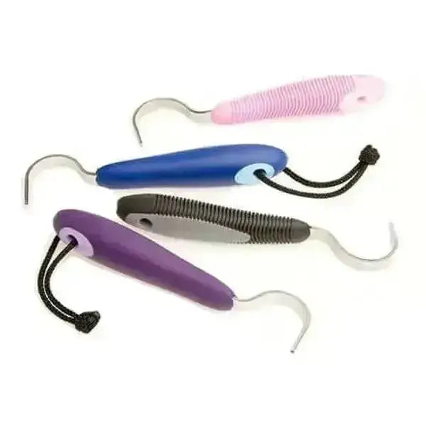 Set of four soft touch hoof picks with colourful plastic handles metal hooks and hanging loop black cord ties