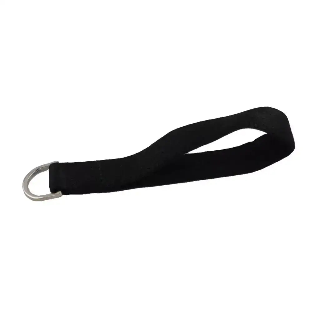 Black fabric spare dee loop with silver metal d-ring for attaching draw reins or spare webbing straps