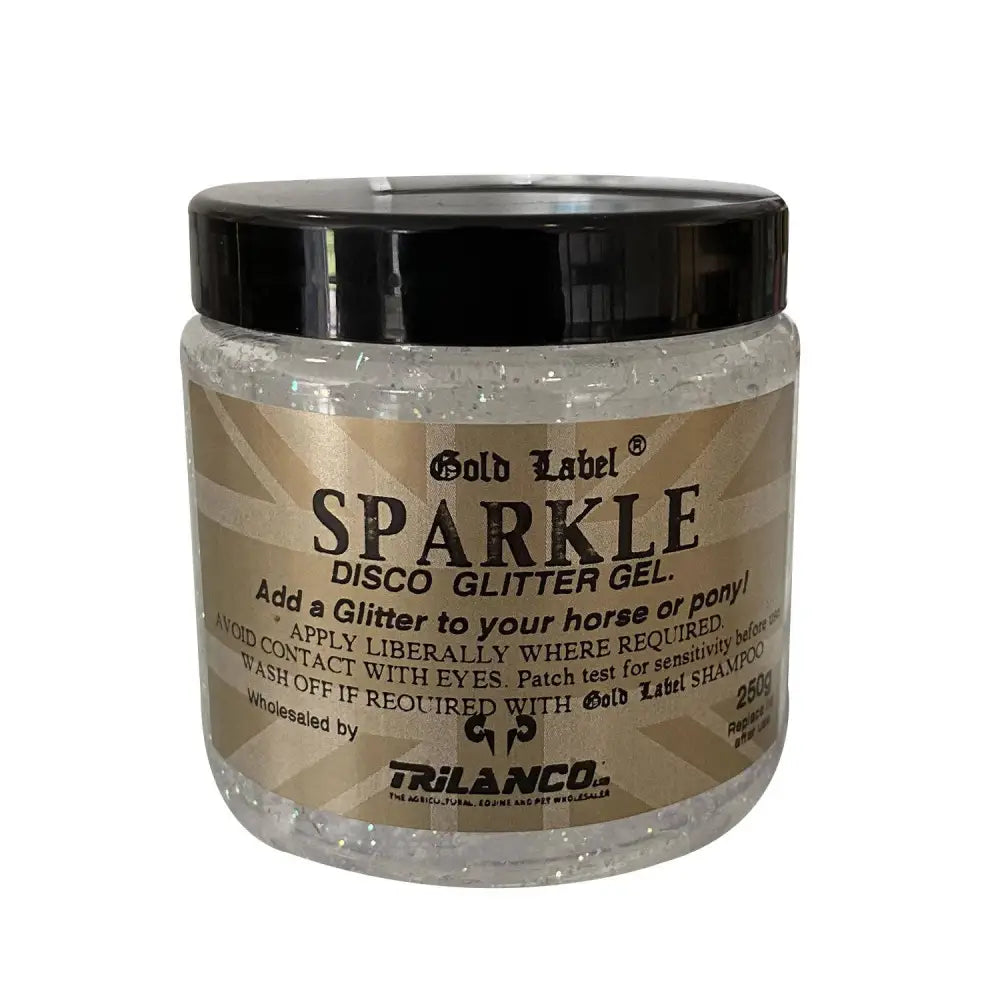 Gold label sparkle glitter gel in clear jar with black lid features sparkly gold glitter gel for horses and ponies