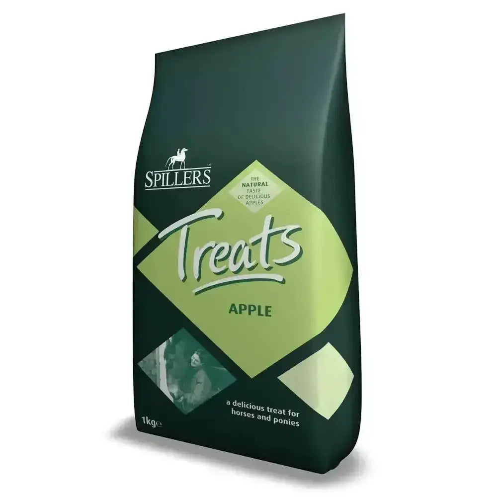 Dark green bag of spillers apple horse treats with light green label featuring white cursive text for natural apple treats