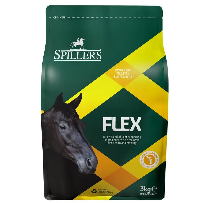 Spillers flex joint support supplement 3kg in green and yellow packaging with black horse head and chondroitin sulphate